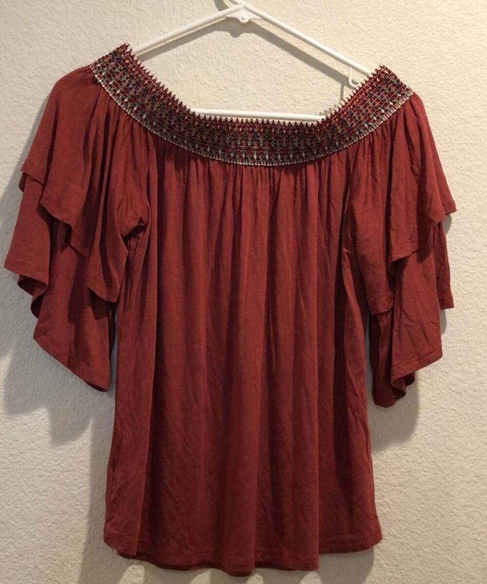 Boston Proper Brick Red Embroidered Off The Shoulder Ruffle Blouse Size S